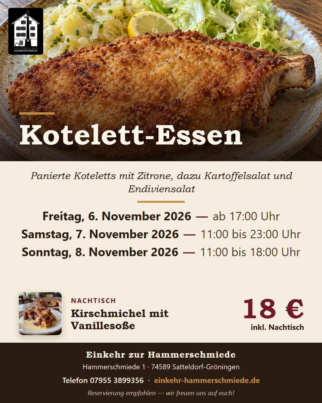 Kotelett-Essen: drei Tage paniert, mit Kartoffelsalat und Kirschmichel